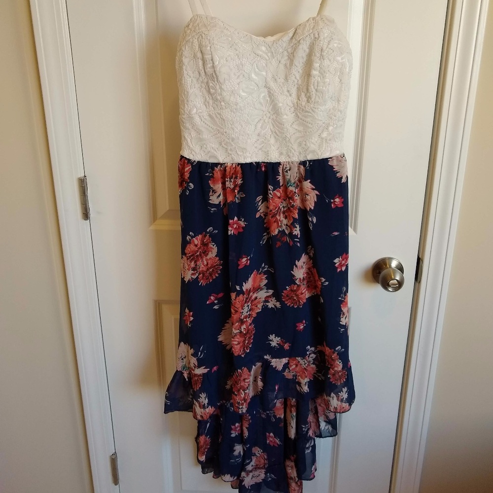 AUW White Navy Floral High Low Dress